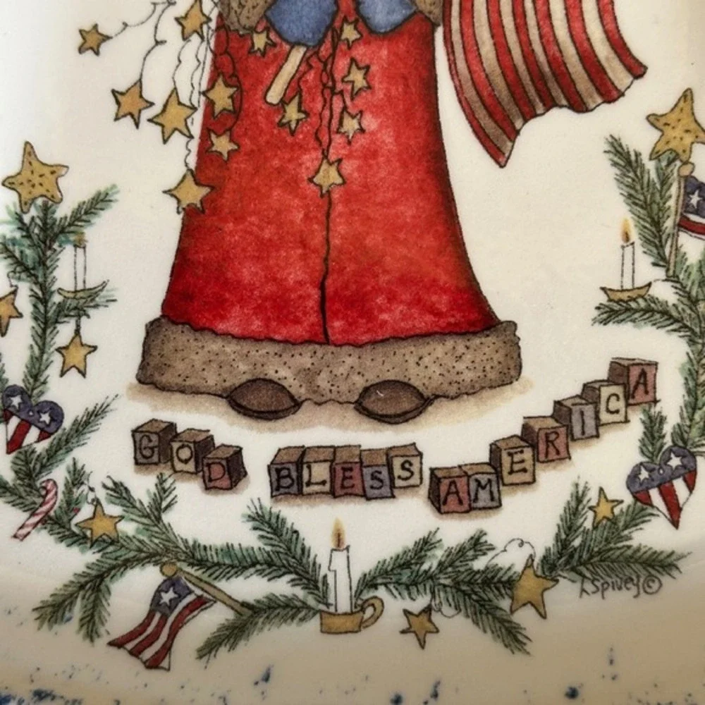 God Bless America Santa American Flag Painted Ceramic Bell‎ Dish Christmas Decor